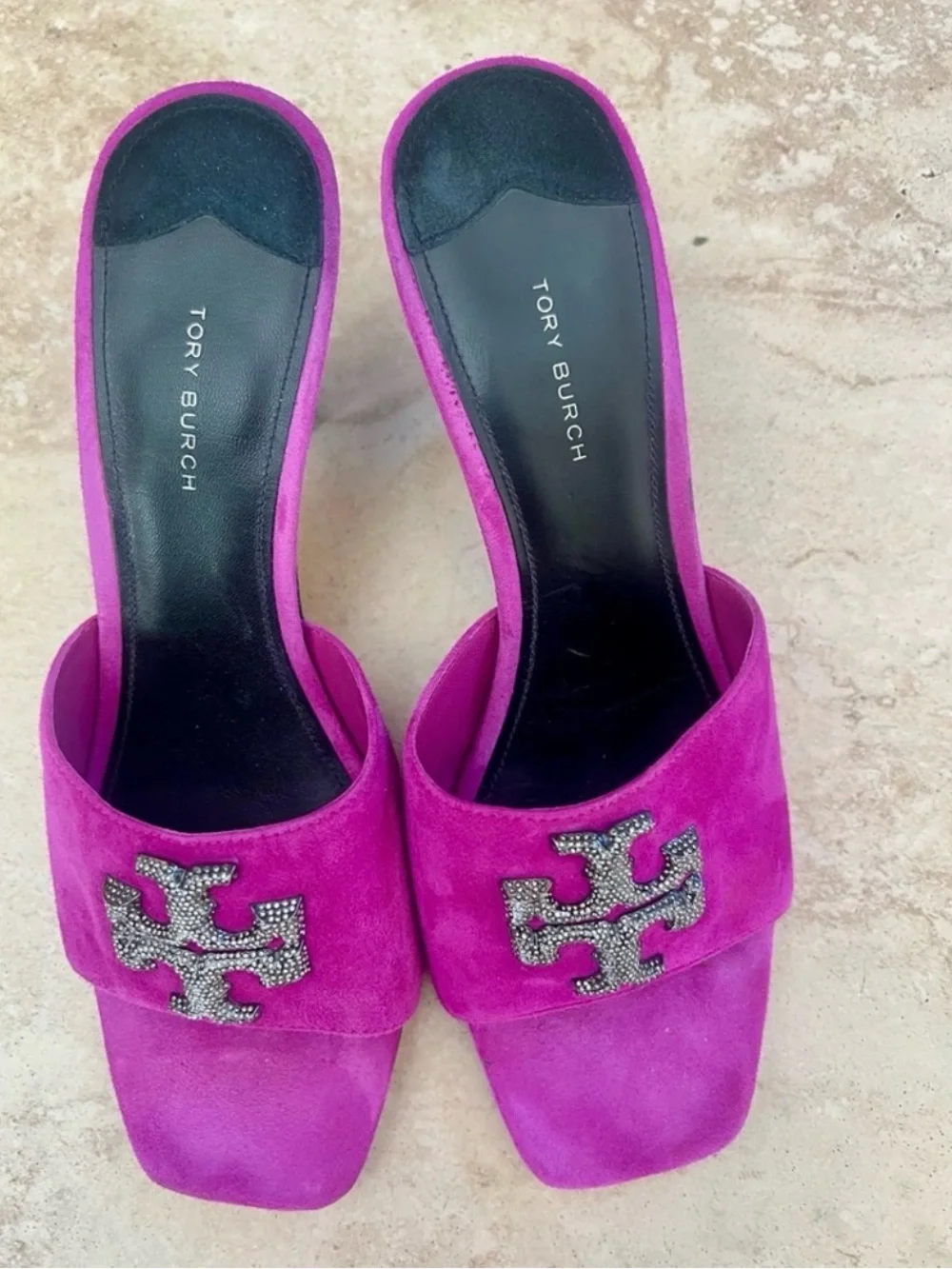 Tory Burch Fuchsia Suede Slide Sandals with Crystal logo - Picture 1 of 4
